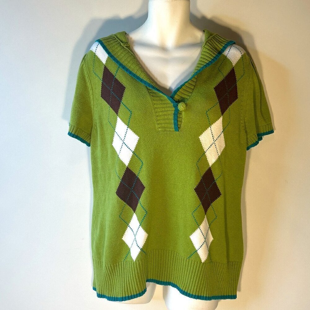 Cato SZ18/20 Green Argyle Short Sleeve Sweater 80's Academia Preppy Golf Classic